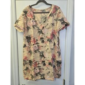 Marisa & Marie Italy Floral Linen Shift Dress Pink Beige Size M Lagenlook‎